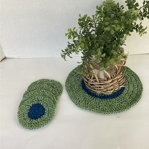Doily Coaster Set Hand Crafted Green Boho Blue Bar Cart Accessory